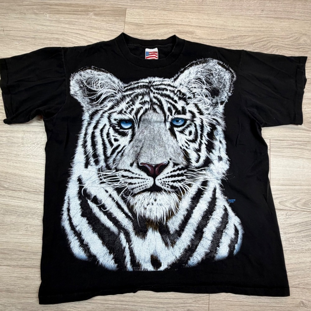 Vintage 1994 Trinity Products White Tiger Graphic T Shirt Black XL Single Stitch